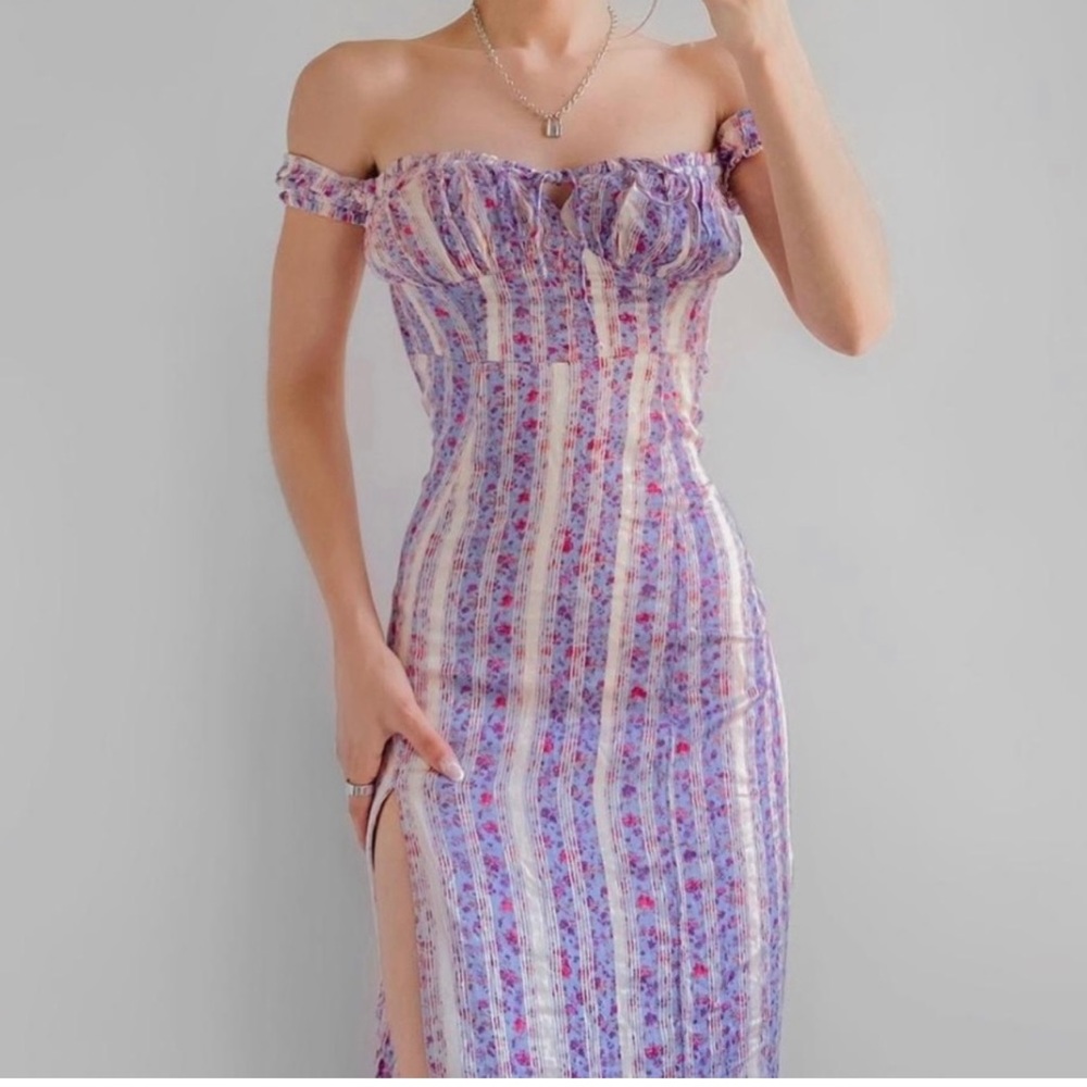 UO Olympia Lilac Floral Off-Shoulder Midi Dress